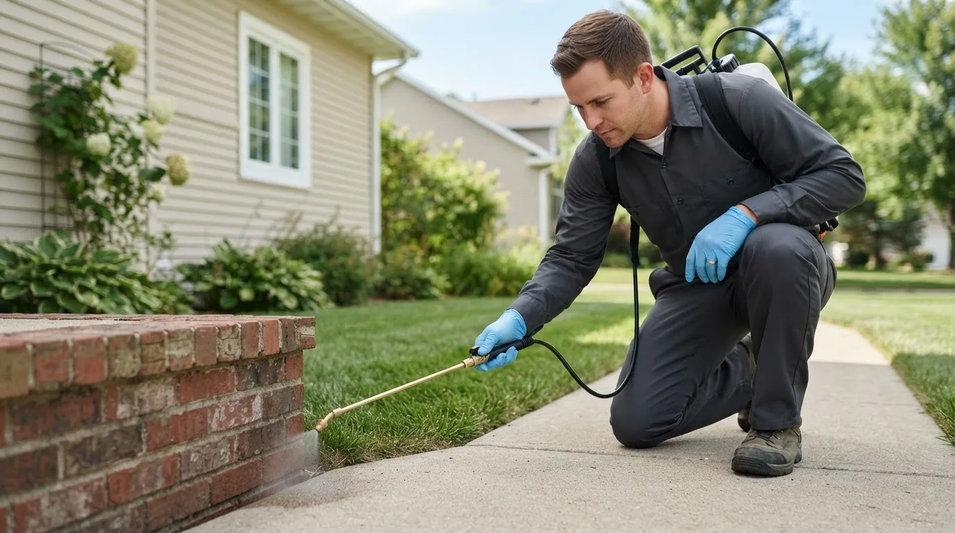 Pest control technician treating a home near Hallam, NE