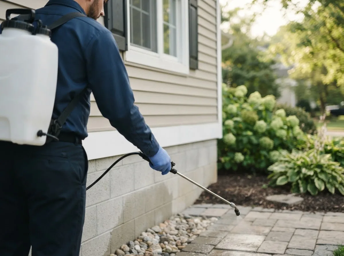 Pest control technician inspecting a home in Hallam, NE